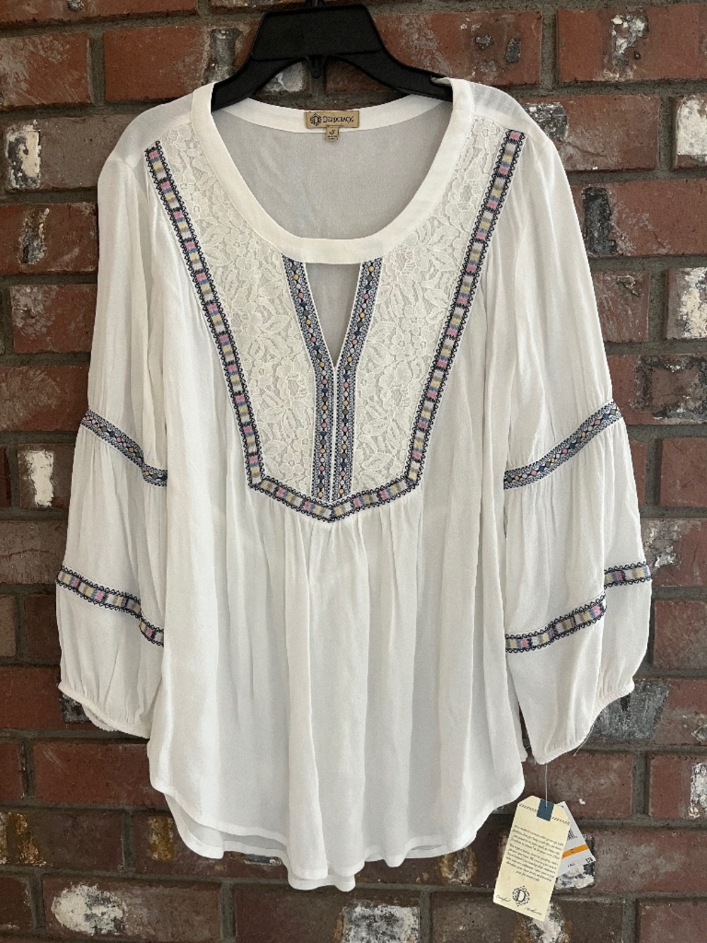 NWT Democracy White Lace Peasant Boho Top Blouse embroidered lace bodice Small